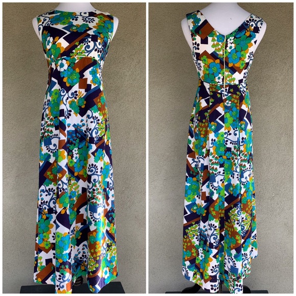 🌺 Vintage Hawaiian Barkcloth Dress Mod Print Tiki 🌺 - Picture 2 of 13